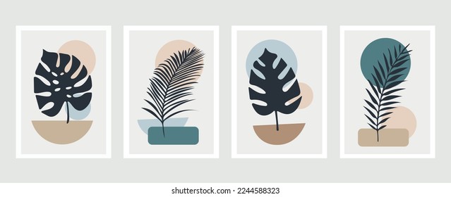 Botanical wall art vector set. Modern line art drawing with abstract shape. Tropical Foliage line art designs for print, cover, wallpaper, Minimal and natural wall art. Vector Illustration.