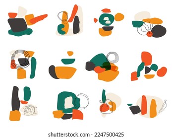 conjunto de 12 objetos ilustrativos abstractos sobre la naturaleza con colores vibrantes con un tema de mediados de siglo adecuado para propósitos de diseño gráfico