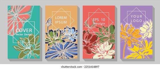 Botanical wall art vector set.  Lotus flower Foliage line art drawing with abstract shape. 