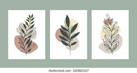 Botanical wall art vector set. Foliage line drawing with abstract refraction. Plant Art transition design for print, cover, wallpaper, minimalistic and natural wall art. Previous illustration.