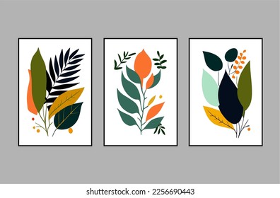 Conjunto de vectores de arte mural botánico. Tono de la Tierra dibujo de líneas de follaje boho con forma abstracta. Resumen Diseño de arte vegetal para impresiones enmarcadas en la pared, impresiones de lona, afiche, decoración casera, cubierta, papel pintado.