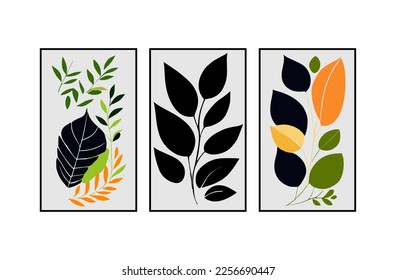 Botanical wall art vector set. Earth tone boho foliage line art drawing with abstract shape. Abstract Plant Art design for wall framed prints, canvas prints, poster, home decor, cover, wallpaper.