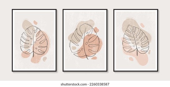 Botanische Wandkunst, Vektorset. Kunstzeichnung der Blattlinie mit abstrakter Form. Abstraktes Pflanzendesign für Druck, Deckel, Tapeten, Minimale und natürliche Wandkunst. Vektorgrafik.
