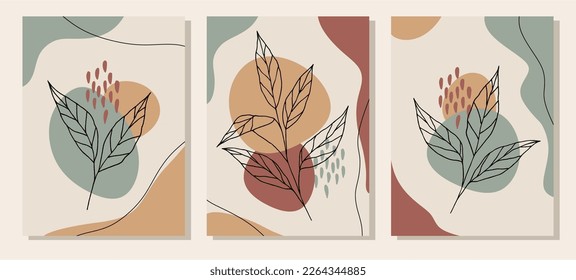 Botanical wall art vector set. Earth tone boho foliage line art drawing with  abstract shape.  Abstract Plant Art design for print, cover, wallpaper, Minimal and  natural wall art.