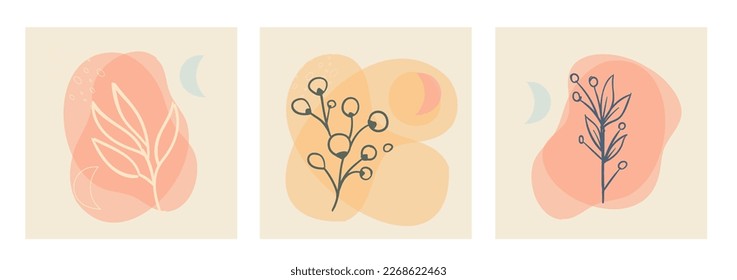 Botanische Wandkunst, Vektorset. Kunstzeichnung der ästhetischen Blattlinie mit abstrakten organischen Formen. Plant Art Design für Druck, Cover, Tapete. Minimalistisches und natürliches Design.
