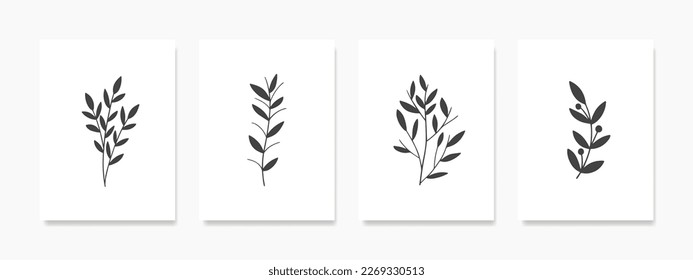 Botanical wall art vector set. Earthy tones and bold boho foliage line art drawings with abstract shapes. This abstract plant art design can be used for banners, prints, covers, and wallpapers.