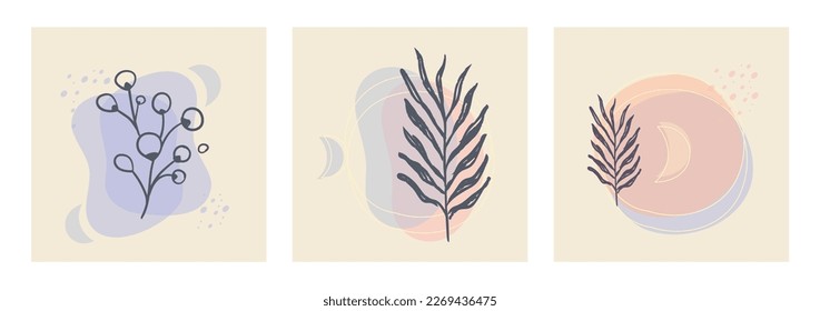 Botanical wall art vector set. Aesthetic Foliage line art drawing with organic abstract shapes. Plant Art design for print, cover, wallpaper. Minimalist and natural design.