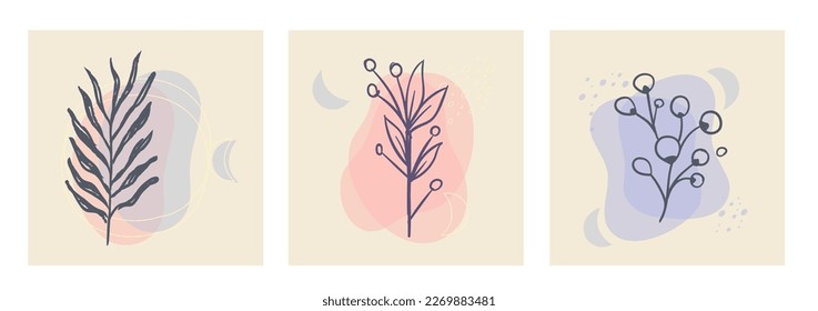 Botanical wall art vector set. Aesthetic Foliage line art drawing with organic abstract shapes. Plant Art design for print, cover, wallpaper. Minimalist and natural design.