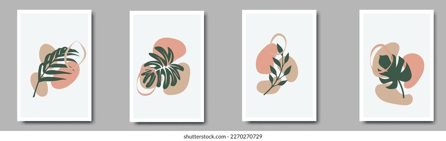 Botanical wall art vector set. Tropical Foliage line art drawing with abstract shape.