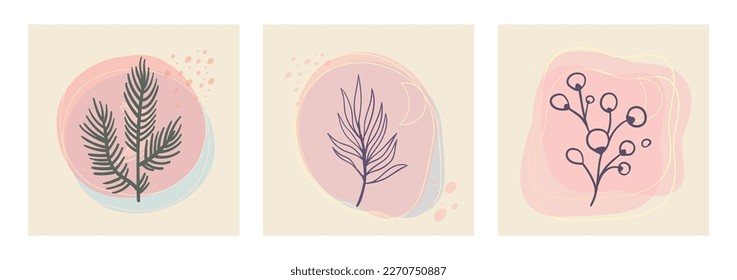 Conjunto de vectores de arte mural botánico. Dibujo estético de línea de follaje con formas orgánicas abstractas. Diseño de planta de arte para impresión, cubierta, papel pintado. Diseño minimalista y natural.