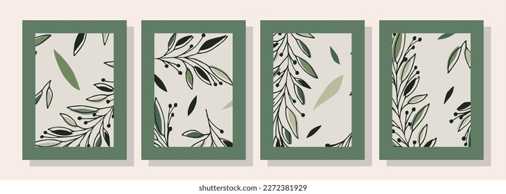 Botanische Wandkunst, Vektorset. Boho Blattlinie Kunstzeichnung mit abstrakter Form.  Abstraktes Pflanzendesign für Druck, Deckel, Tapeten, Minimale und natürliche Wandkunst.