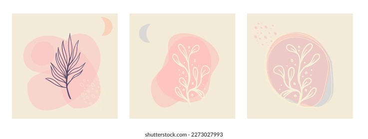 Conjunto de vectores de arte mural botánico. Dibujo estético de línea de follaje con formas orgánicas abstractas. Diseño de planta de arte para impresión, cubierta, papel pintado. Diseño minimalista y natural.