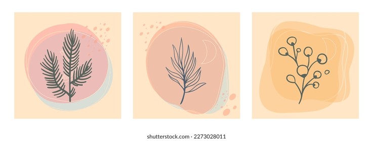 Botanical wall art vector set. Aesthetic Foliage line art drawing with organic abstract shapes. Plant Art design for print, cover, wallpaper. Minimalist and natural design.