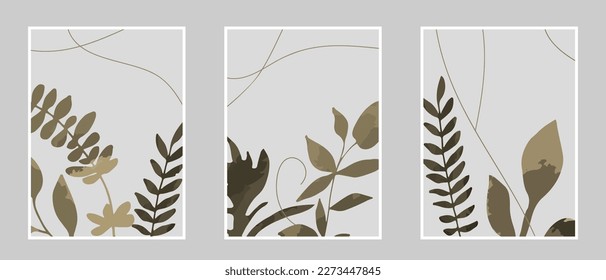 Botanical wall art vector set. Foliage line art drawing with abstract leaf shapes. Abstract Plant Art design for print, cover, wallpaper, Minimal and natural wall art. Vector illustration.