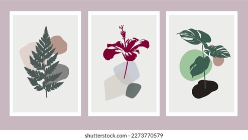 Botanical wall art vector set. Line art drawing with abstract shape. Abstract Plant Art design for print, cover, wallpaper, Minimal and natural wall art. Vector illustration.