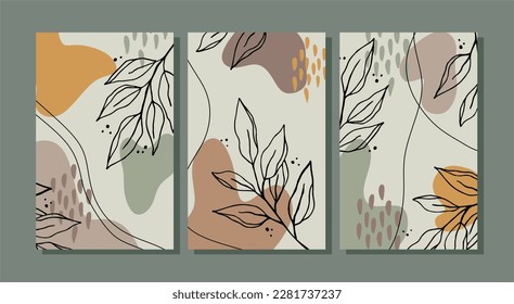 Conjunto de vectores de arte mural botánico. Dibujo de líneas de follaje boho con forma abstracta.  Resumen Diseño de arte vegetal para la impresión, cubierta, papel pintado, arte de pared mínimo y natural.