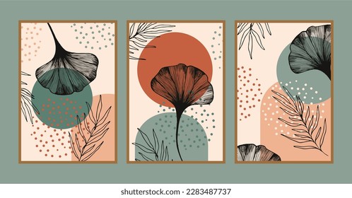 Botanical wall art vector set. Earth tone boho foliage line art drawing with abstract shape. Ginkgo Plant Art design for print, cover, wallpaper, Minimal and  natural wall art.