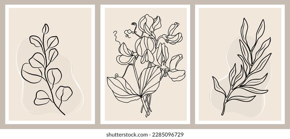 Vector de arte mural botánico conjunto beige y negro.