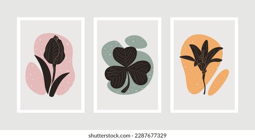 Botanical wall art vector set. Hand drawing plants with abstract shape for decoration, print, cover, wallpaper, Minimal and natural wall art. Vector illustration