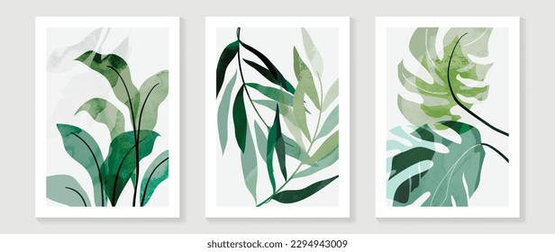 Botanical wall art vector set. Water color boho foliage line art drawing with abstract shape. Abstract Plant Art design for print, cover, wallpaper, Minimal and natural wall art. 