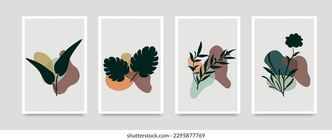 Botanical wall art vector set. Foliage line art drawing with abstract shape. Abstract Plant Art design for print, cover, wallpaper, Minimal, natural wall art and others. Vector illustration.