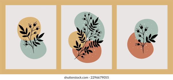 Botanische Wandkunst, Vektorset.  Abstraktes Pflanzendesign für Druck, Deckel, Tapeten, Minimale und natürliche Wandkunst. Vektorgrafik.