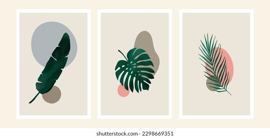 Botanical wall art vector set. Foliage line art drawing with abstract shape. Abstract Plant Art design for print, cover, wallpaper, Minimal and natural wall art. Vector illustration.