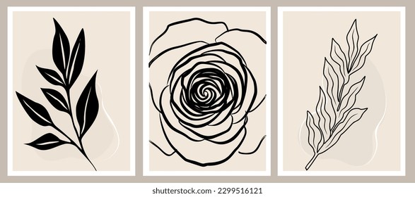 Botanical wall art vector set. Nordic line art drawing with abstract shape. Abstract Plant Art design for print, cover, wallpaper, Minimal and natural wall art. Beige and black vector illustration.