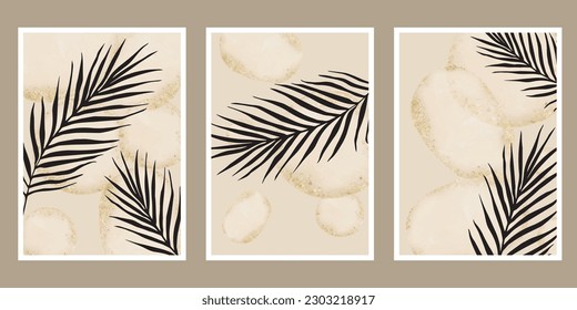 Conjunto de vectores de arte mural botánico. Dibujo de líneas de follaje boho color agua con forma abstracta. Resumen Diseño de arte vegetal para la impresión, cubierta, papel pintado, arte de pared mínimo y natural.