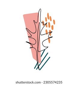 Botanical wall art vector set. Line drawing of foliage with abstract shape