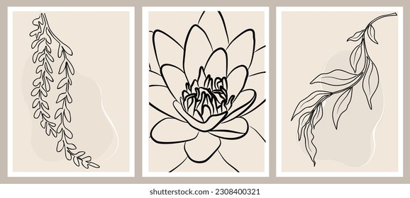 Botanical wall art vector set. Line art drawing with abstract shape. Abstract Plant Japandi Art design for print, cover, wallpaper, Minimal and natural wall art. Beige and black vector illustration