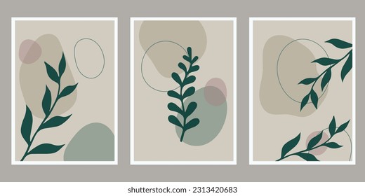 Conjunto de vectores de arte mural botánico. Dibujo artístico de línea de follaje con forma abstracta. Resumen Diseño de arte vegetal para impresión, cubierta, papel pintado, arte de pared mínimo y natural. Ilustración vectorial.