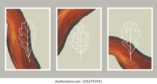 Conjunto de vectores de arte mural botánico. Tono de la Tierra dibujo de líneas de follaje boho con forma abstracta. Resumen Diseño de arte vegetal para la impresión, cubierta, papel pintado, arte de pared mínimo y natural.