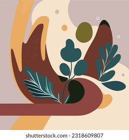 Botanical wall art vector set. Foliage line art drawing with abstract shape. Abstract Plant Art design for wall decorative,wallpaper, Minimal and natural wall art. Vector illustration.