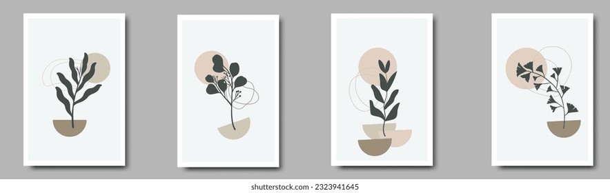 Botanical wall art vector set. Earth tone boho foliage line art drawing with abstract shape.
