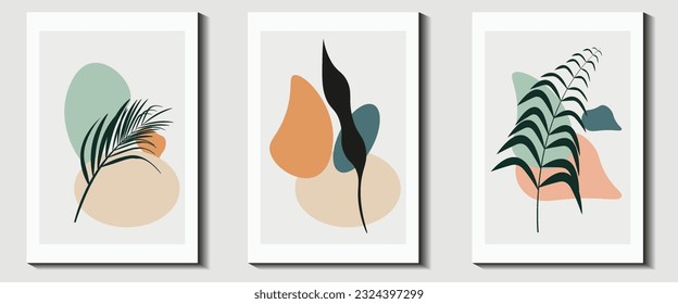 Botanical wall art vector set. Foliage line art drawing with abstract shape. Abstract Plant Art design for print, cover, wallpaper, Minimal and natural wall art. Vector illustration