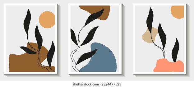 Conjunto de vectores de arte mural botánico. Dibujo artístico de línea de follaje con forma abstracta. Resumen Diseño de arte vegetal para impresión, cubierta, papel tapiz, arte de pared mínimo y natural. Ilustración vectorial