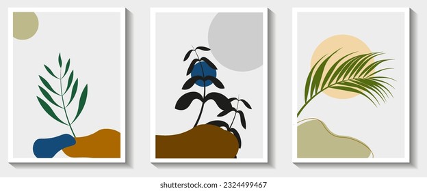 Botanical wall art vector set. Foliage line art drawing with abstract shape. Abstract Plant Art design for print, cover, wallpaper, Minimal and natural wall art. Vector illustration