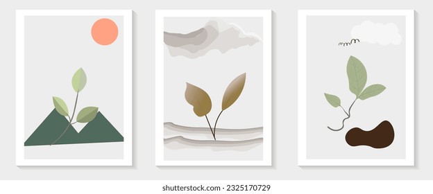 Conjunto de vectores de arte mural botánico. Dibujo artístico de línea de follaje con forma abstracta. Resumen Diseño de arte vegetal para impresión, cubierta, papel tapiz, arte de pared mínimo y natural. Ilustración vectorial