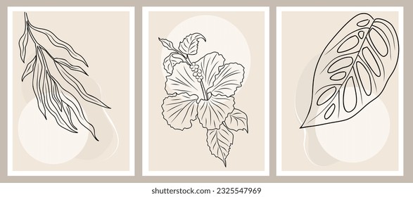 Conjunto de vectores de arte mural botánico. Dibujo de arte de línea nórdica - flor de hibiscos, monstera, hojas de eucalipto. Resumen de diseño impreso, cubierta, papel pintado. Ilustración mínima monocromática de los vectores beige y negro