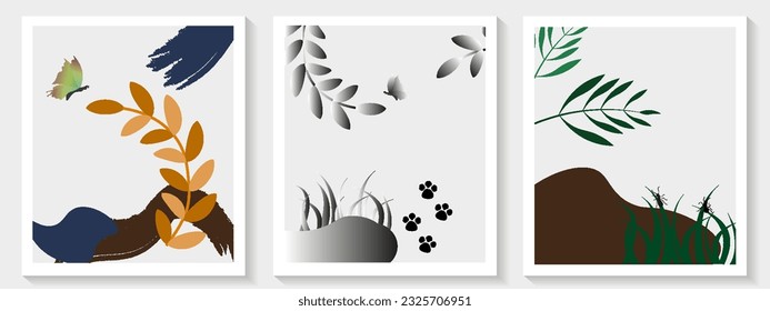 Botanical wall art vector set. Foliage line art drawing with abstract shape. Abstract Plant Art design for print, cover, wallpaper, Minimal and natural wall art. Vector illustration