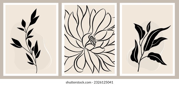 Botanical wall art vector set. Nordic line art drawing with abstract shape. Abstract Plant Art design for print, cover, wallpaper, Minimal and natural wall art. Beige and black vector illustration.