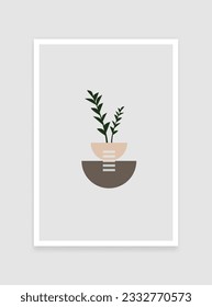 Botanical wall art vector set with half-circle bowl vase. Green Foliage and line art drawing with abstract shapes. Abstract Plant Art design for the postcard, print, cover, and wallpaper.
