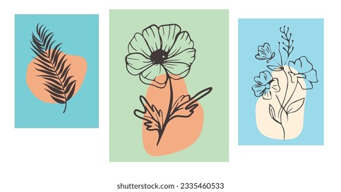 Botanische Wandkunst Vektor Set, natürliche Formen Poster im Stil der Mitte des Jahrhunderts. Moderne Illustration, neutrale Farben. Böhmische exotische Blätter. Mitte Jahrhundert Modernes Blattdesign. Zweifache Illustration