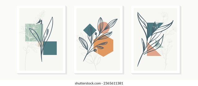 Botanical wall art vector set. Minimal and natural wall art. Foliage line art drawing with abstract shape. Abstract Plant Art design for print, cover, wallpaper, Vector illustration.