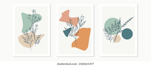 Botanical wall art vector set. Minimal and natural wall art. Foliage line art drawing with abstract shape. Abstract Plant Art design for print, cover, wallpaper, Vector illustration.