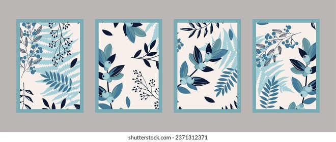Botanische Wandkunst Vektorset mit verschiedenen blauen Blättern. Abstraktes Pflanzendesign für Druck, Deckel, Tapete. Vektorgrafik.