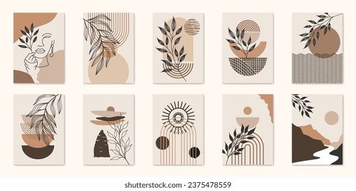 Botanical wall art vector set. Earth tone boho foliage line art drawing with abstract shape. Abstract Plant Art design for print, cover, wallpaper, Minimal and natural wall art