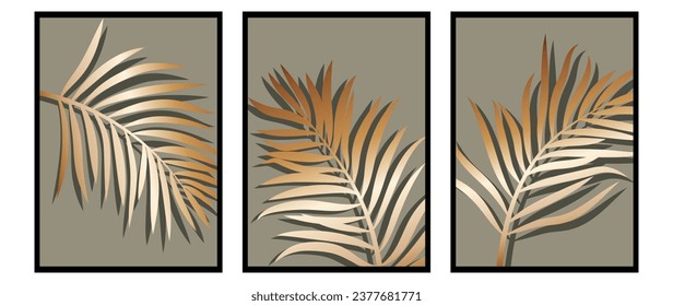 Botanical wall art vector set. Golden tropical foliage on a beige background. Abstract floral art design for wall prints, flyer, posters, home decor, covers.	
