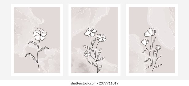 Botanical wall art vector set with watercolor texture. Flower foliage line drawing. Abstract botanical floral design for print, cover, wallpaper, minimal and natural wall art.	
